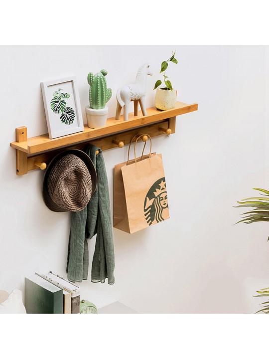 3/4/5/6 Hook Rack Wall Mount Hanger Key Coat Hat Holder Wooden Bamboo Organiser - L Coffee