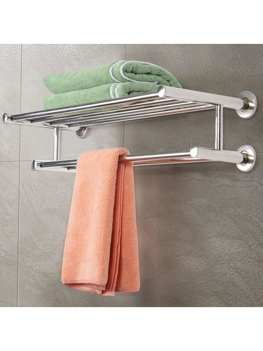 304 Stainless Steel Double Tiers Towel Rail Rack Shelf Wall Mounted Bathroom