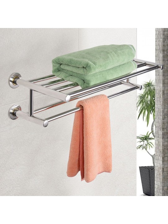 304 Stainless Steel Double Tiers Towel Rail Rack Shelf Wall Mounted Bathroom