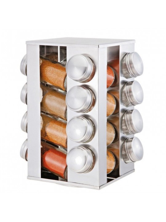 360° Stainless Steel Rotating Spice Rack Container with 16 Glass Jar Counter Kitchen Organizer Kitchen Storage - Square with 16 