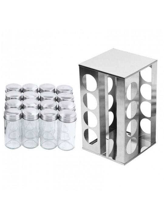 360° Stainless Steel Rotating Spice Rack Container with 16 Glass Jar Counter Kitchen Organizer Kitchen Storage - Square with 16 