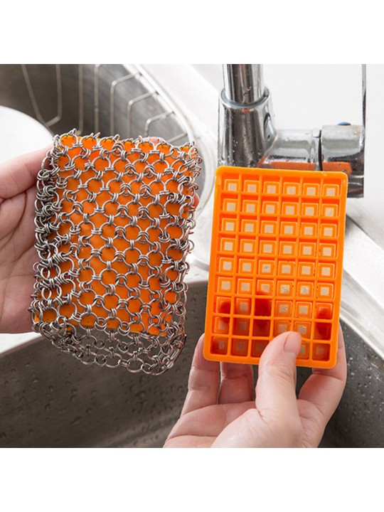 Kitchen Silicone Pot Cleaning Brush Net Square Shape Metal Stainless Steel Ring Net Brush Cleaning Tools