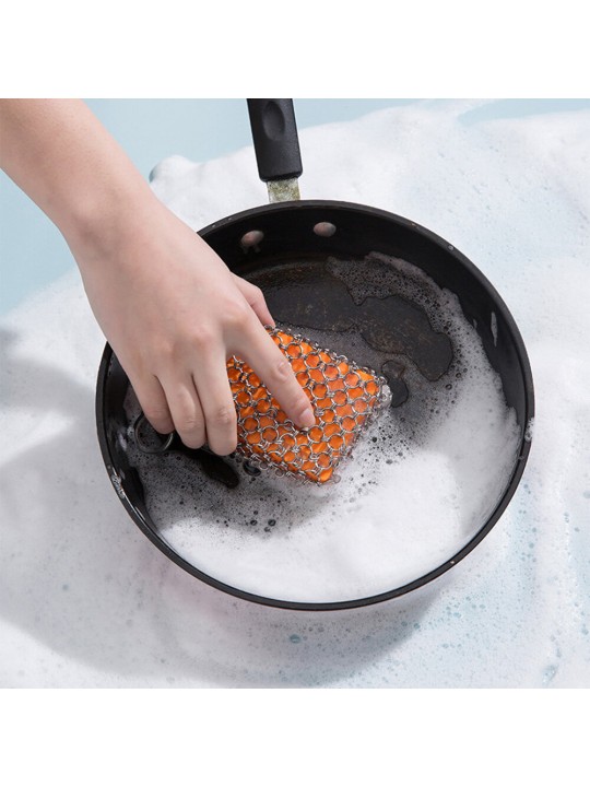 Kitchen Silicone Pot Cleaning Brush Net Square Shape Metal Stainless Steel Ring Net Brush Cleaning Tools