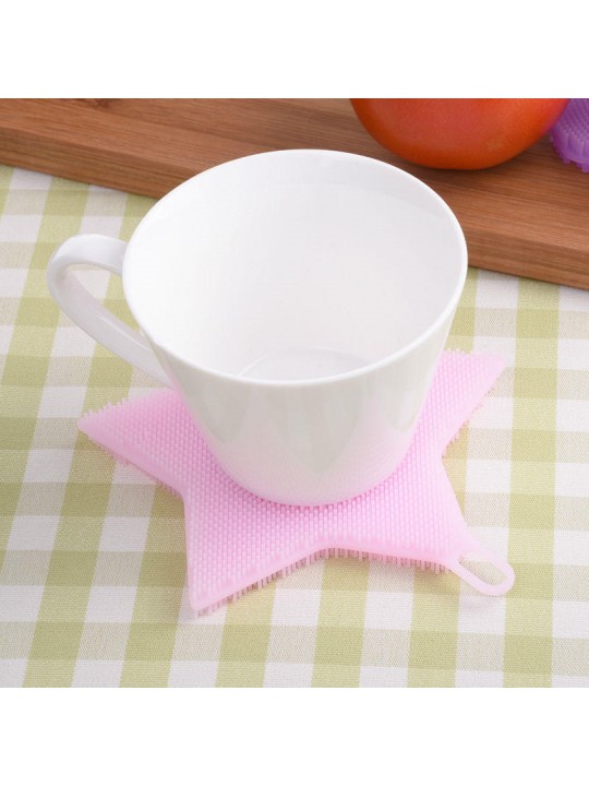 KC-SC41 Multi-function Star Shape Silicone Dish Cleaning Brush Scrubber Heat Resistant Coaster - Pink