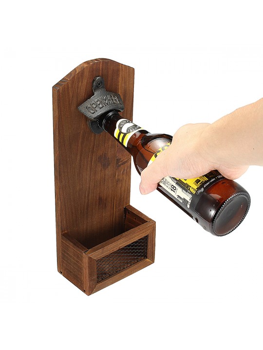 Bottle Opener Drink Wooden Wall Mount Bottle Cap Opener Cap Catcher