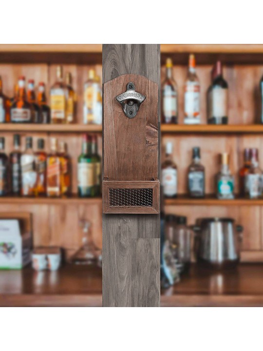 Bottle Opener Drink Wooden Wall Mount Bottle Cap Opener Cap Catcher