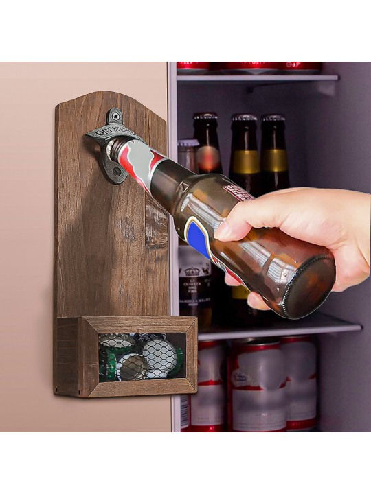 Bottle Opener Drink Wooden Wall Mount Bottle Cap Opener Cap Catcher