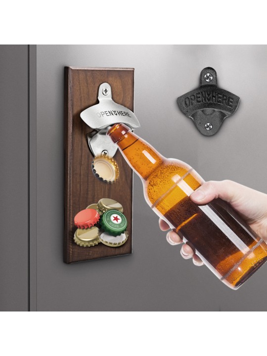 Wooden Bottle Opener Wall Mounted Magnetic Bottle Openers with Cap Catch - Brown