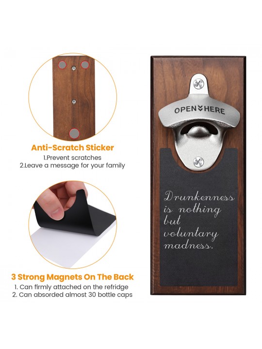 Wooden Bottle Opener Wall Mounted Magnetic Bottle Openers with Cap Catch - Brown