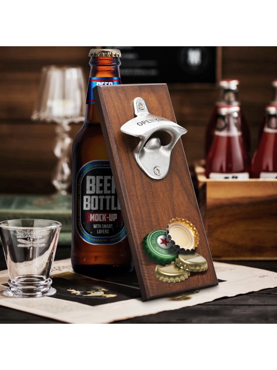 Wooden Bottle Opener Wall Mounted Magnetic Bottle Openers with Cap Catch - Brown